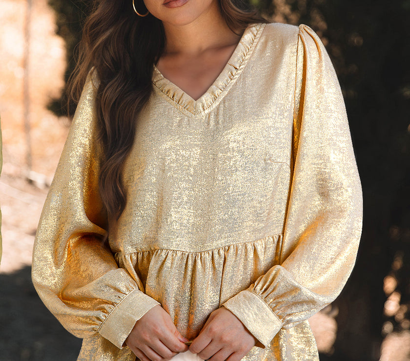 Gold Metallic Frilled V Neck Puff Sleeve Babydoll Blouse