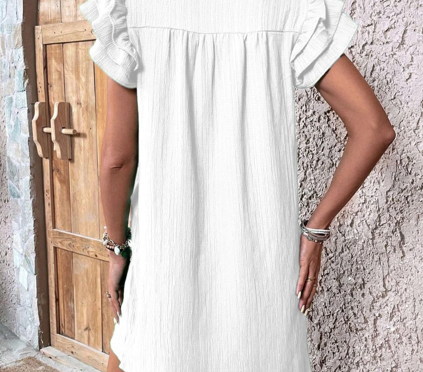Ruffled Notched Cap Sleeve Mini Dress