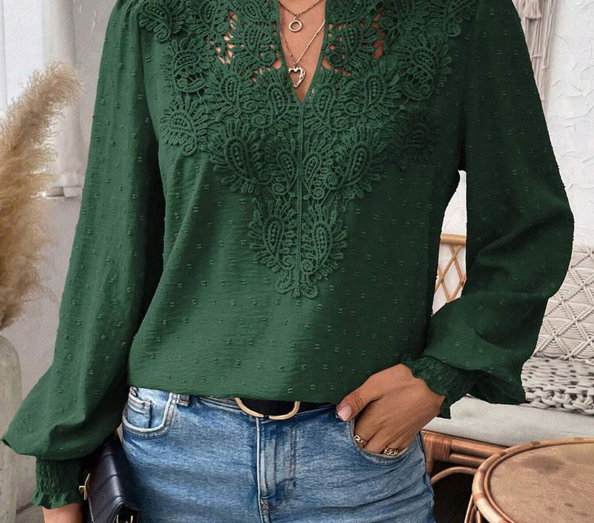 Swiss Dot Lace Detail Notched Long Sleeve Blouse