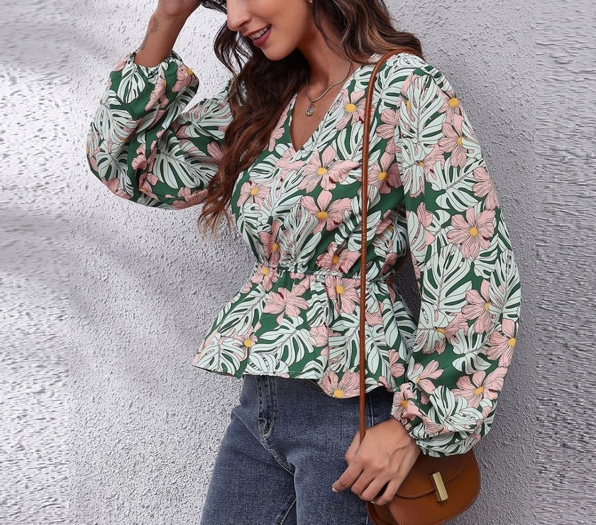 Ruched Printed V-Neck Long Sleeve Blouse