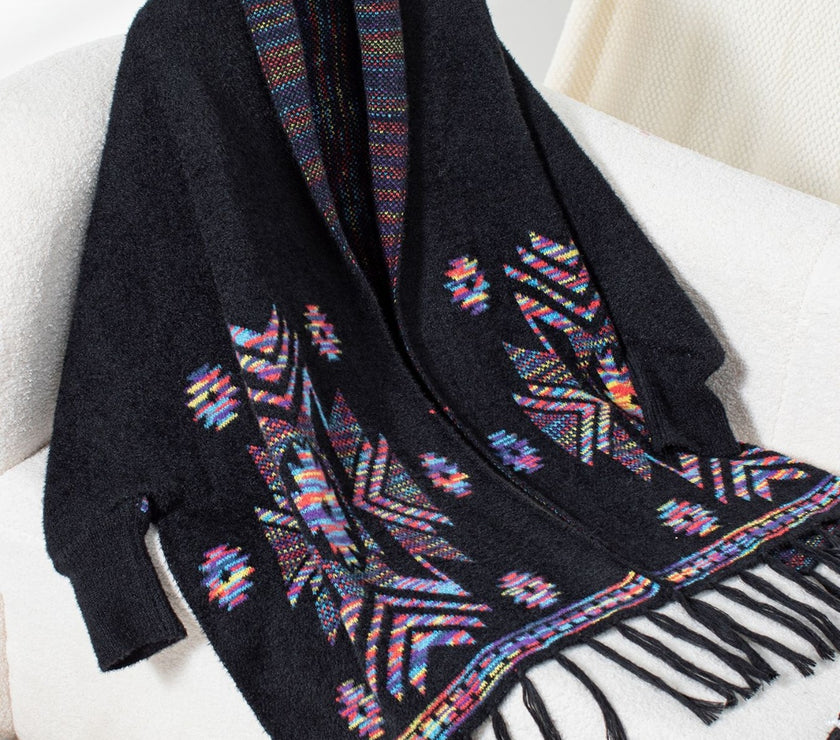 Fringe Geometric Open Front Long Sleeve Cape