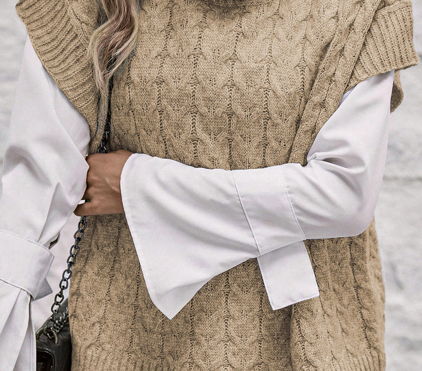 Cable Knit Turtleneck Short Sleeve Sweater