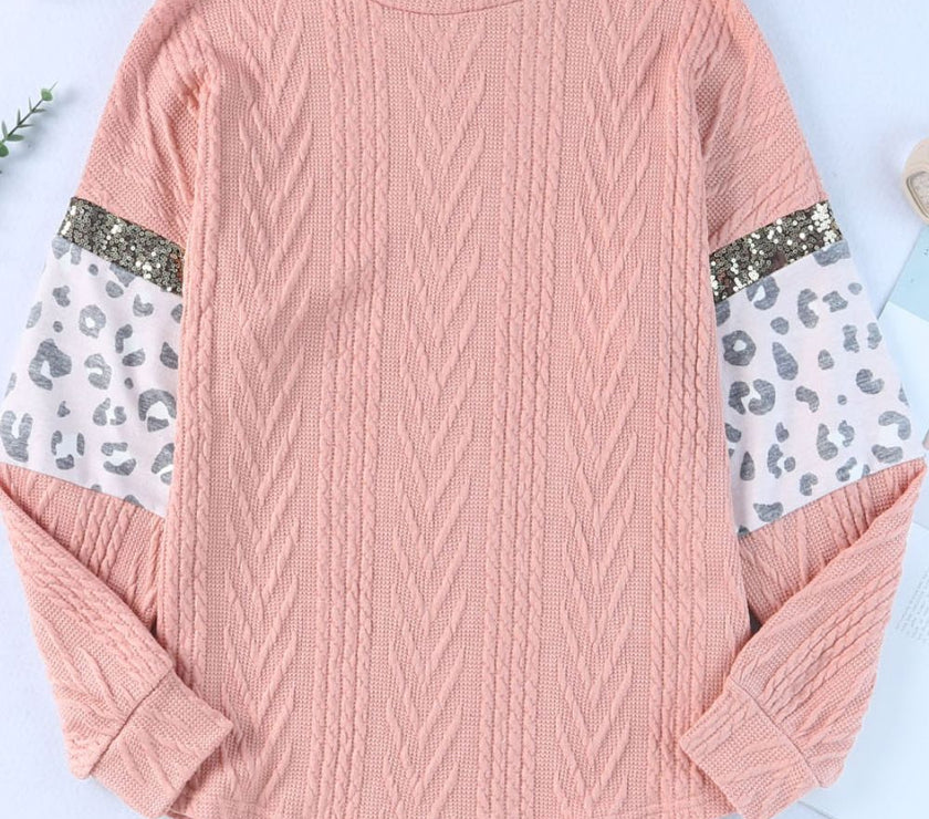 Sequin Leopard Round Neck Long Sleeve Sweater