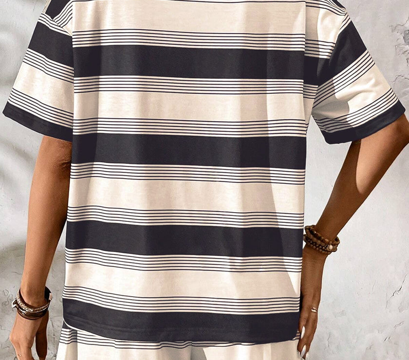 Black Stripe Short Sleeve T Shirt and High Waist Pocketed Shorts Set