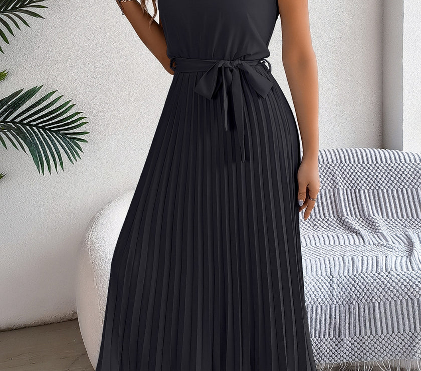 Pleated Tie Waist Sleeveless Midi Dress