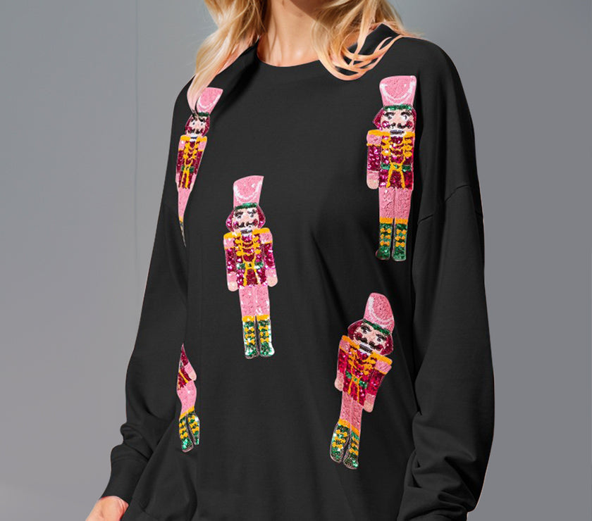 Double Take Sequin Nutcracker Round Neck Long Sleeve Sweatshirt