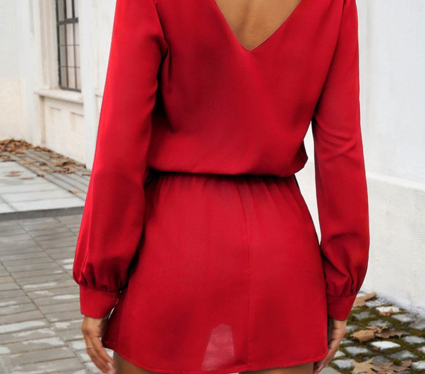 Devine Cutout V-Neck Long Sleeve Mini Dress