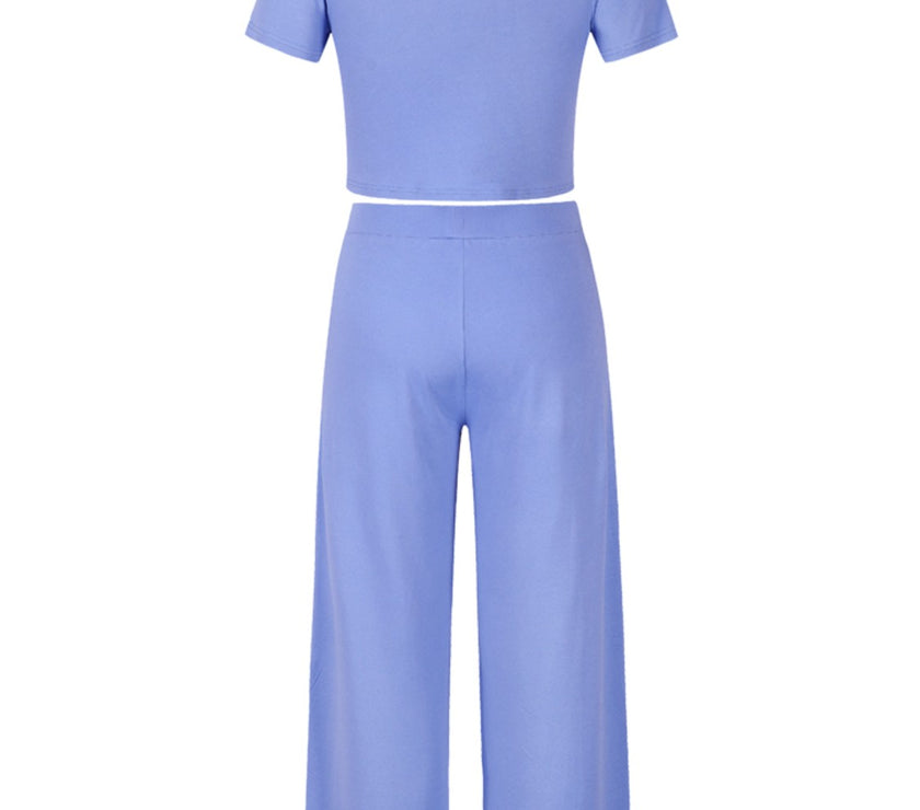 Round Neck Short Sleeve Top and Pocketed Pants Set