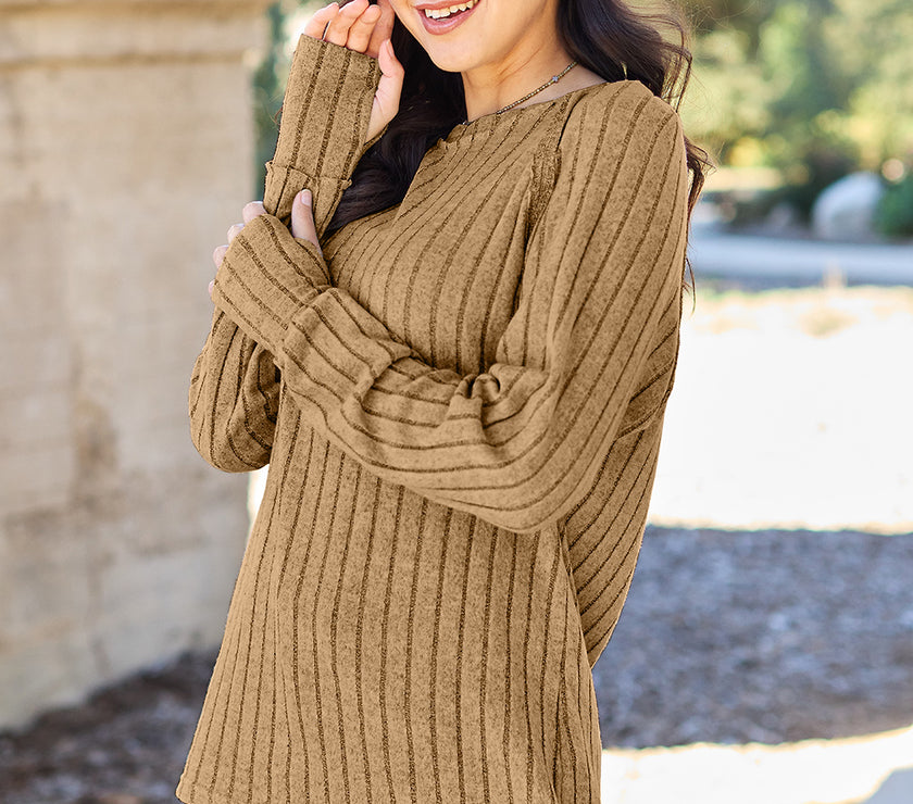 Basic Bae Full Size Ribbed Round Neck Long Sleeve Knit Top