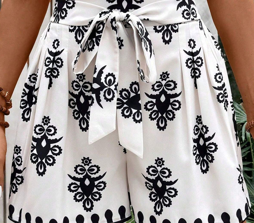 Black Tribal Geometric Print Belted High Waist Casual Shorts