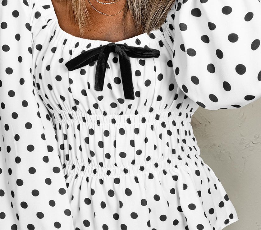 Bow Polka Dot Square Neck Long Sleeve Blouse