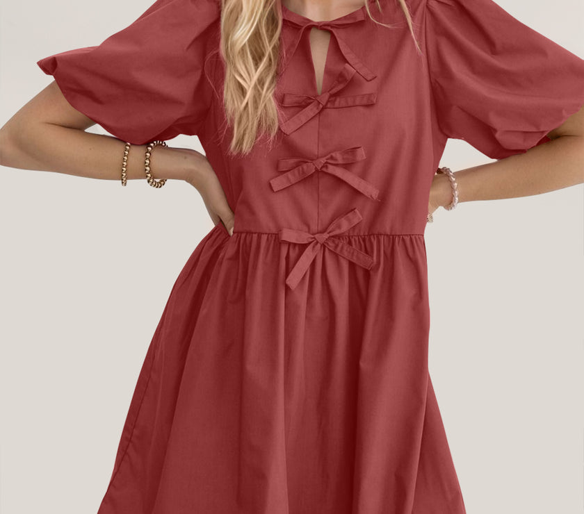 Oh Bow Ruched Puff Sleeve Mini Dress