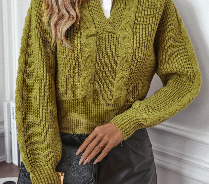 Cable-Knit Collared Neck Faux Layered Sweater