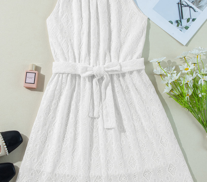 White Lace Sleeveless Knot Hollow Out Back Tied Waist Mini Dress