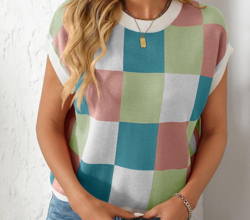 Mandy Checkered Round Neck Cap Sleeve Knit Top