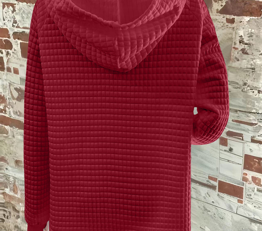 Full Size Texture Button Detail Drawstring Long Sleeve Hoodie