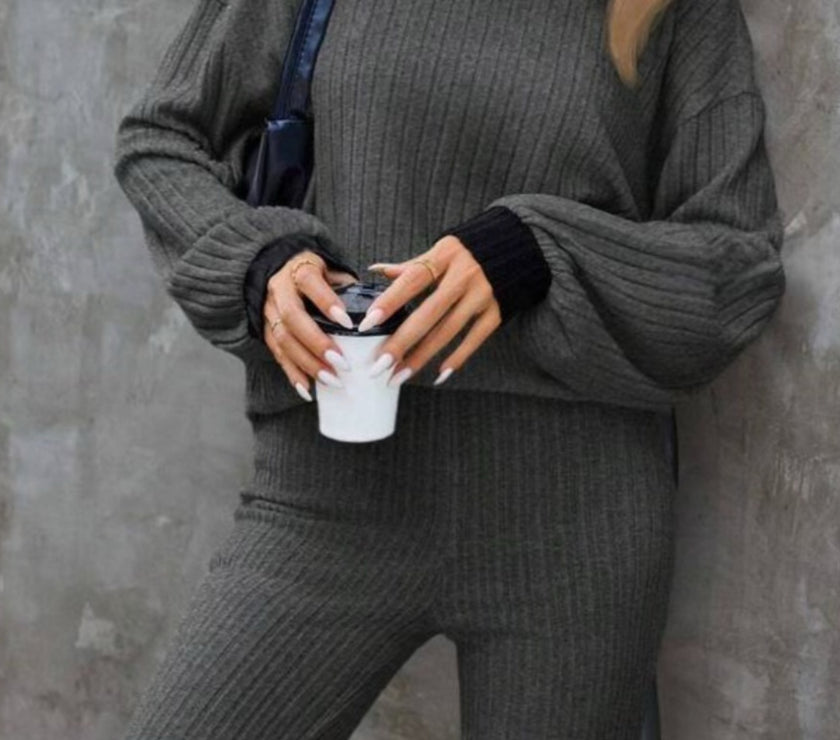 Contrast Round Neck Long Sleeve Top and Bootcut Pants Set