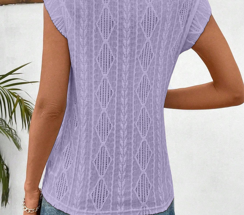 Openwork Round Neck Cap Sleeve Top