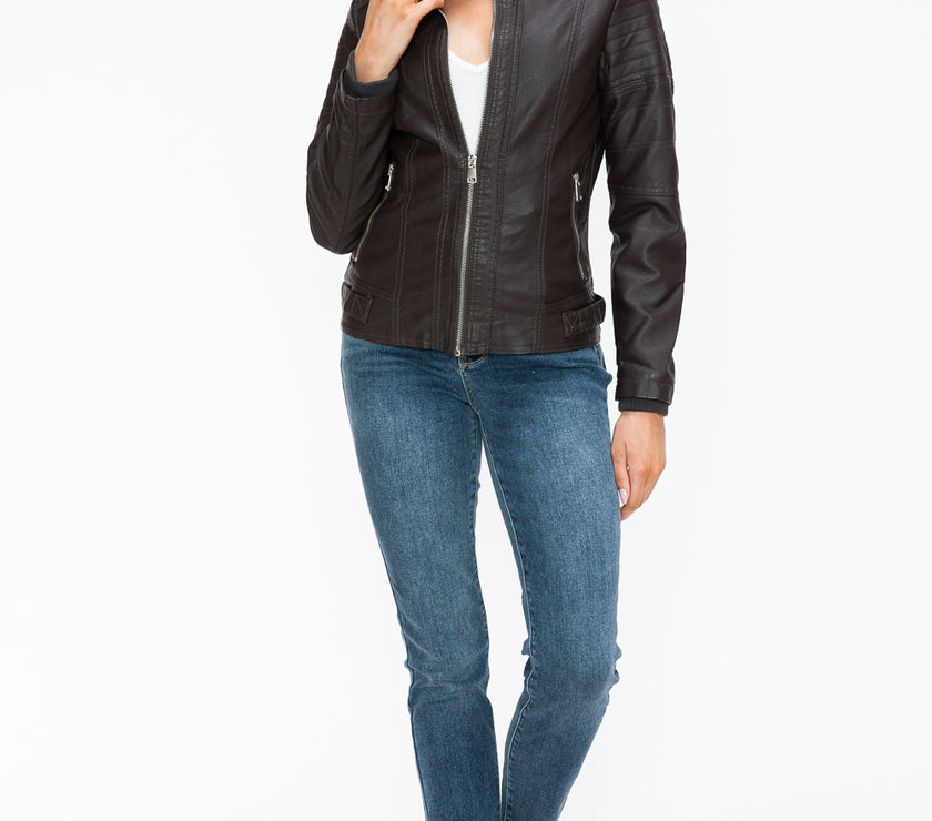 Snobbish PU Leather Biker Jacket with Side Zip Pockets