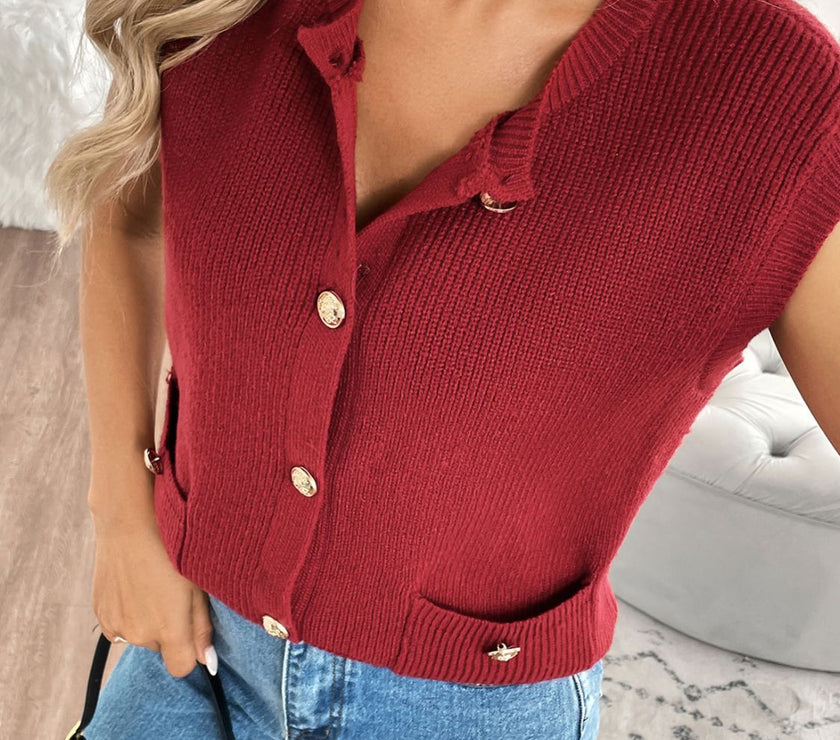 Perfee Pocketed Round Neck Cap Sleeve Cardigan