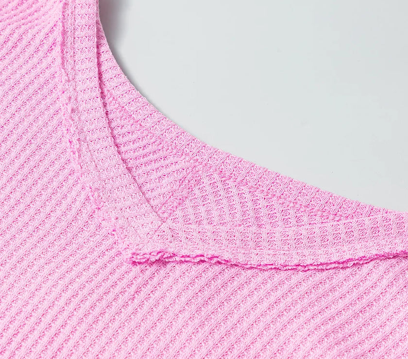 Waffle-Knit V-Neck Long Sleeve Blouse