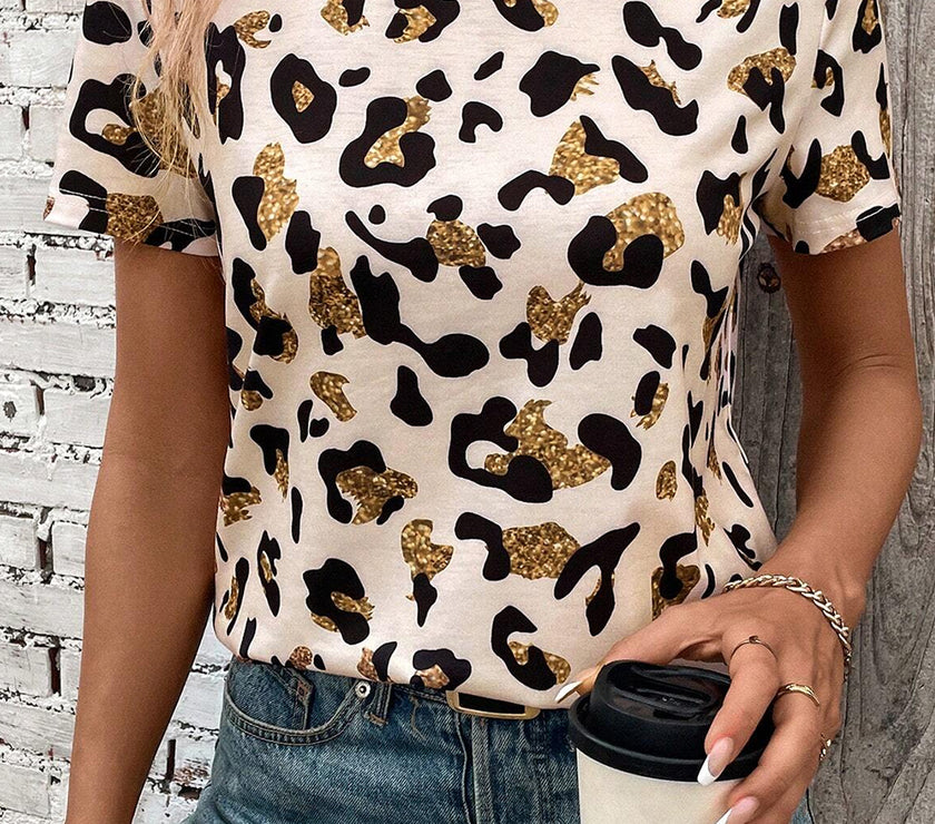 Apricot Leopard Print Round Neck Casual T Shirt