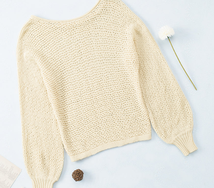 Openwork Boat Neck Raglan Sleeve Knit Top