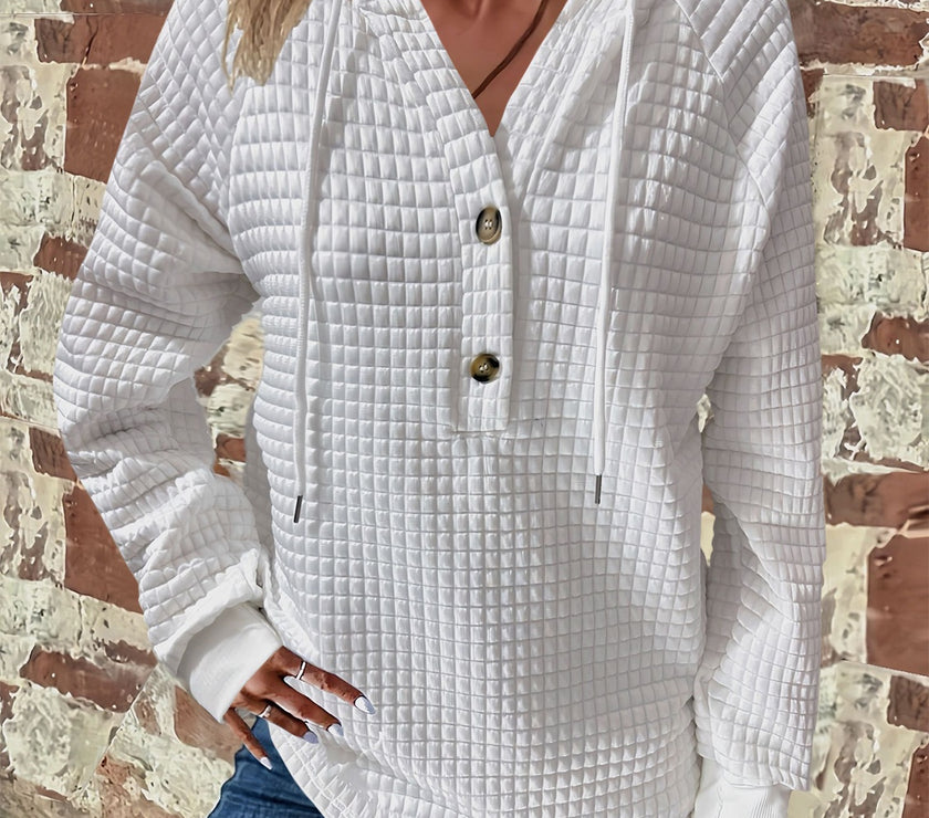 Full Size Texture Button Detail Drawstring Long Sleeve Hoodie