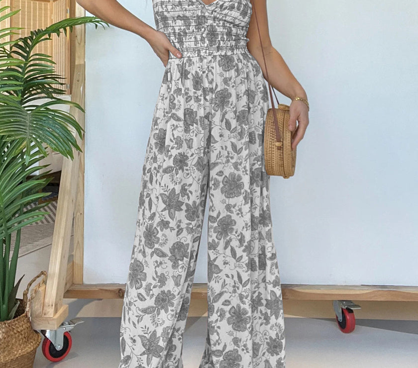 Full Size Printed Spaghetti Strap Wide Leg Jumpsuit