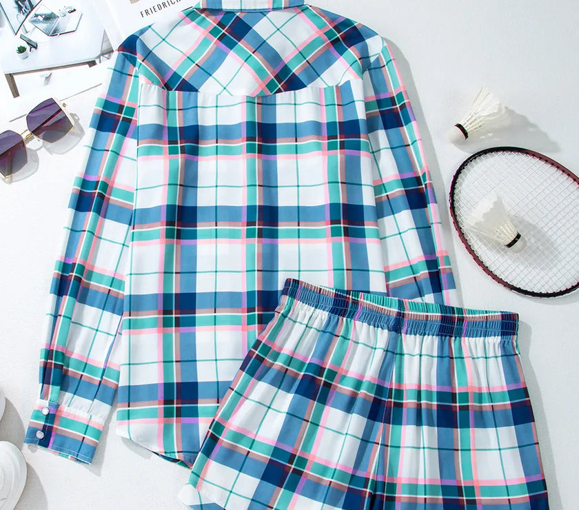 Plaid Snap Down Long Sleeve Top and Shorts Lounge Set