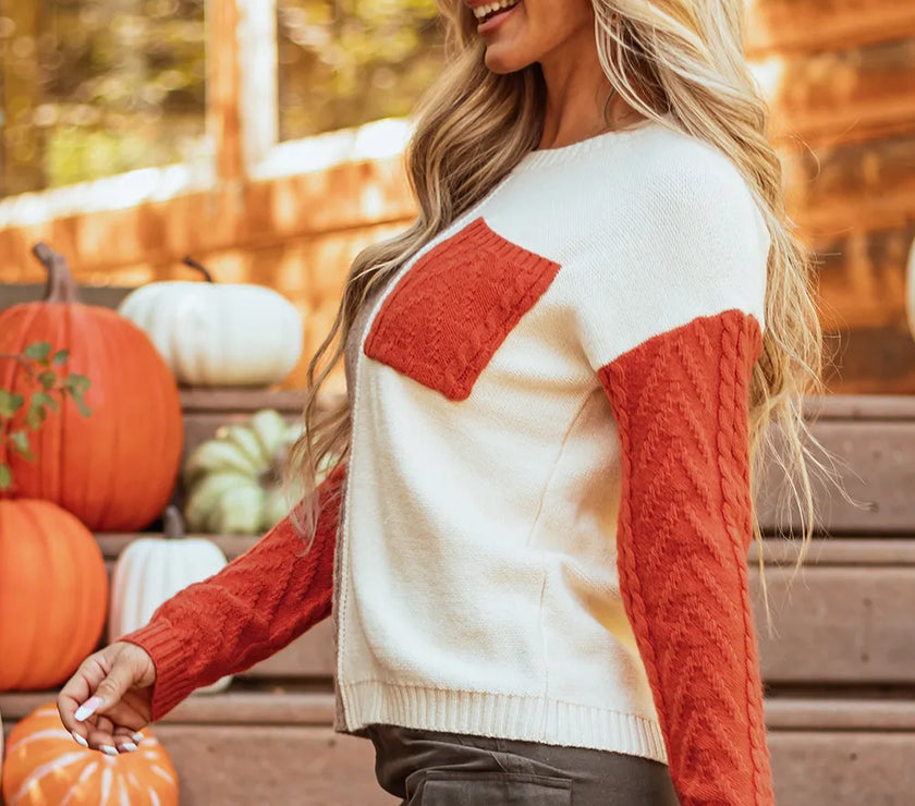 Color Block Round Neck Long Sleeve Sweater