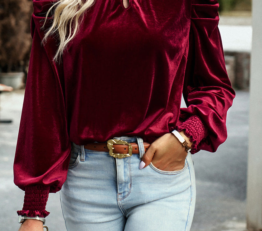 Tie Up Mock Neck Velvet Fabric Long Sleeve Blouse