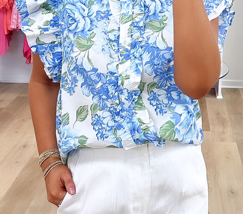 Sky Blue Floral Print Ruffle Sleeve Frilly Button Up Shirt