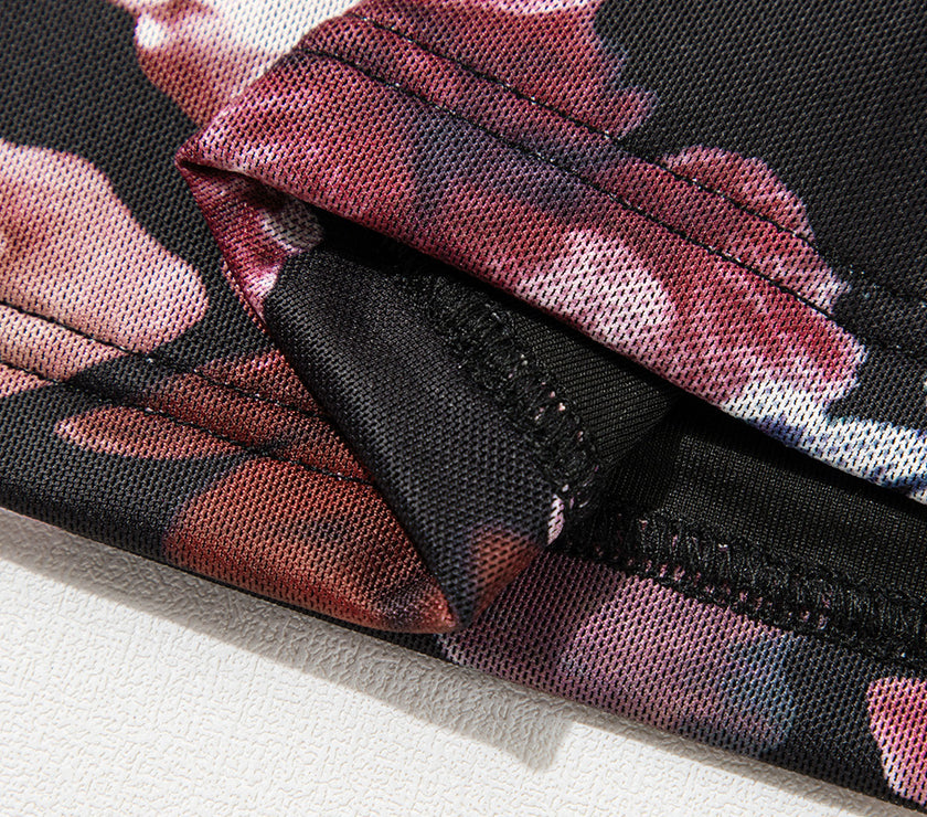 Floral Mock Neck Long Sleeve Mesh Top