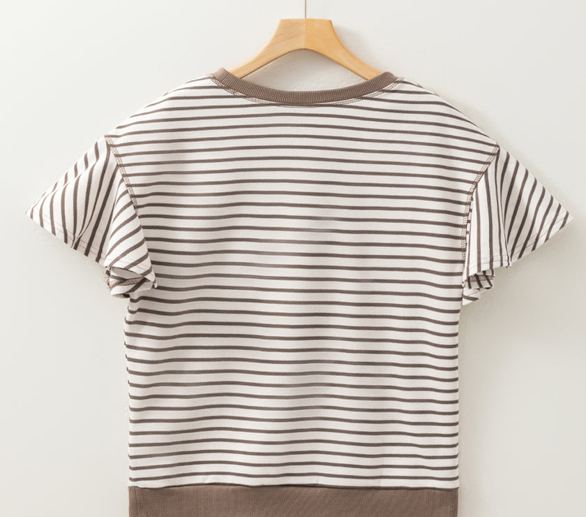 Parchment Contrast Detail Striped Ruffle Short Sleeve Top