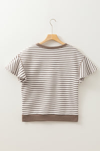 Parchment Contrast Detail Striped Ruffle Short Sleeve Top
