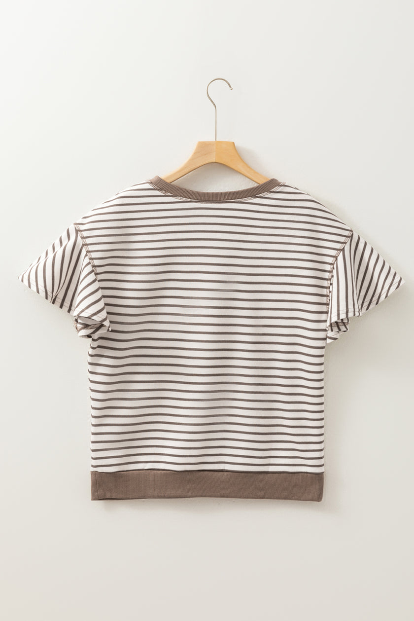 Parchment Contrast Detail Striped Ruffle Short Sleeve Top