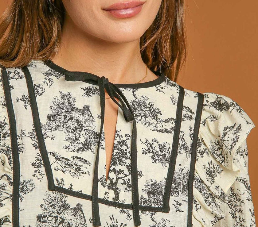 Umgee Ruffled Tie Neck Puff Sleeve Babydoll Blouse