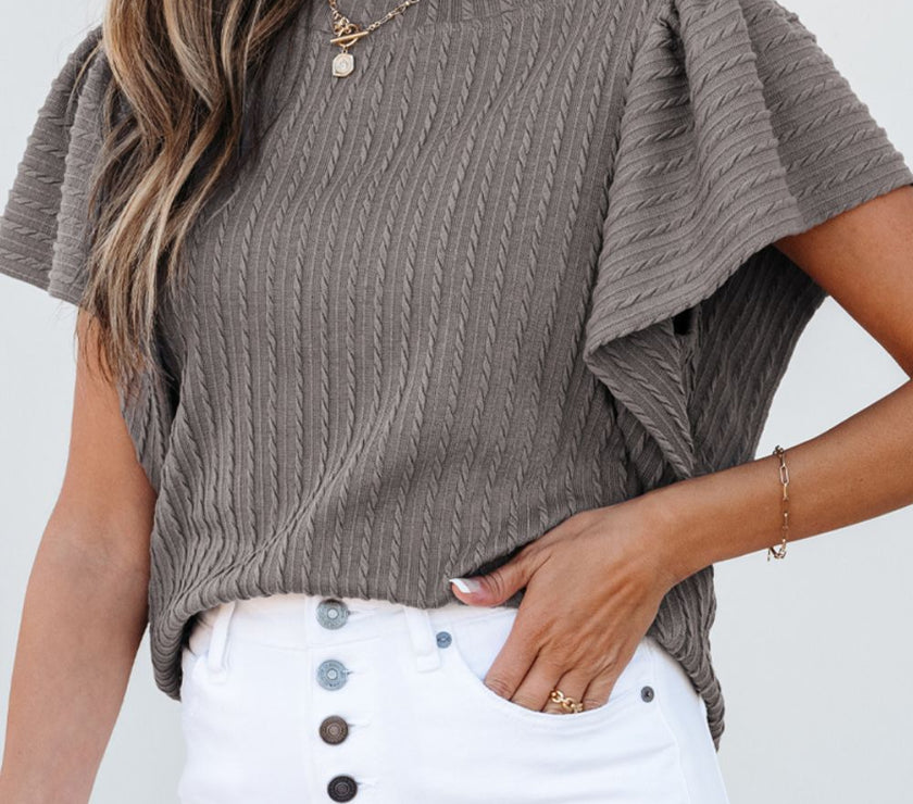 Textured Round Neck Flounce Sleeve Blouse