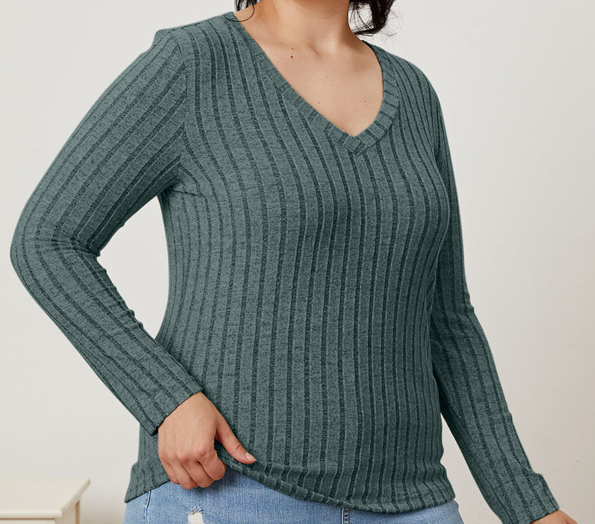 Basic Bae Full Size Ribbed V-Neck Long Sleeve T-Shirt