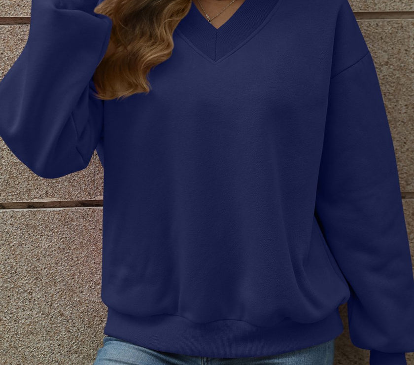 V-Neck Long Sleeve Dropped Shoulder Sweatshirt
