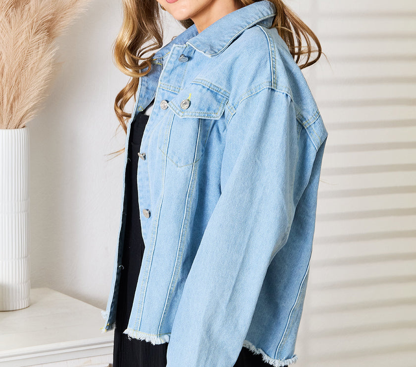 Double Take Dropped Shoulder Raw Hem Denim Jacket
