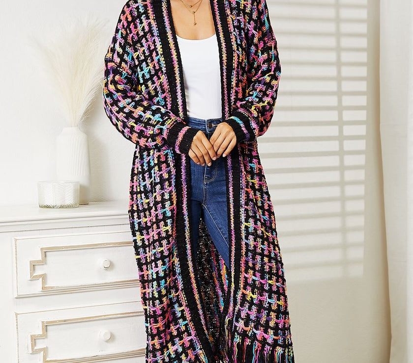 Angel Wings Full Size Multicolored Open Front Fringe Hem Cardigan
