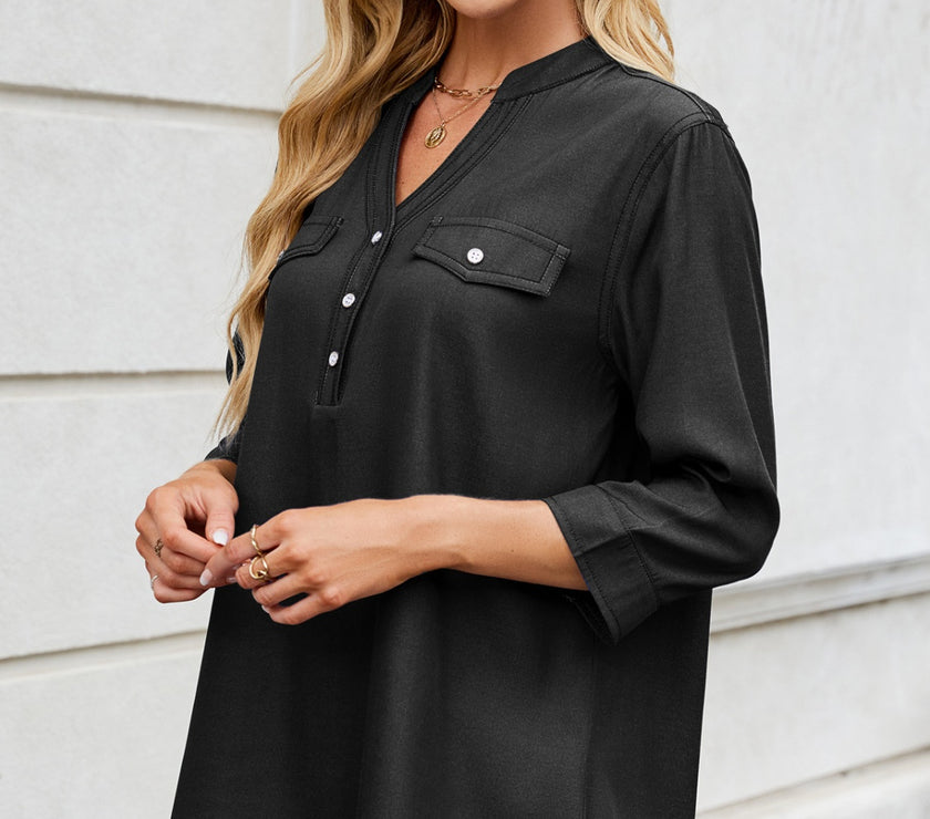 Notched Three-Quarter Sleeve Denim Top