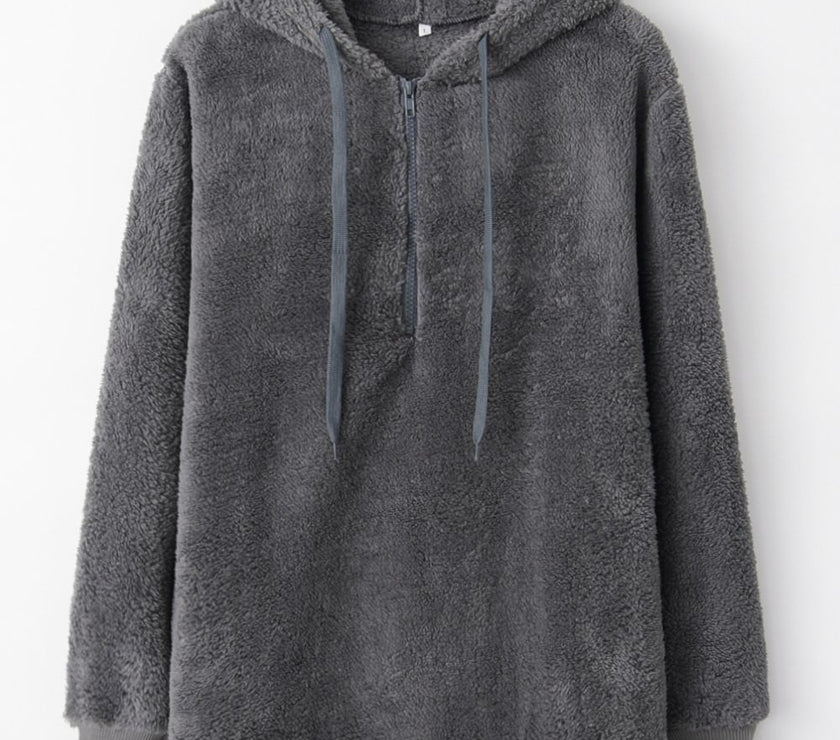 Full Size Quarter-Zip Drawstring Teddy Hoodie