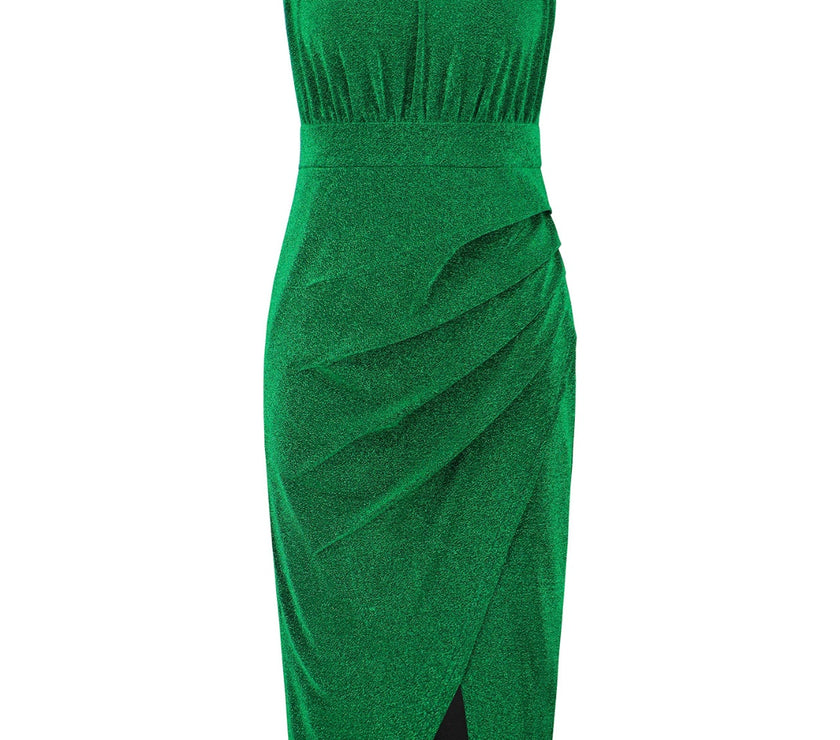 Slit Ruched Mock Neck Sleeveless Dress