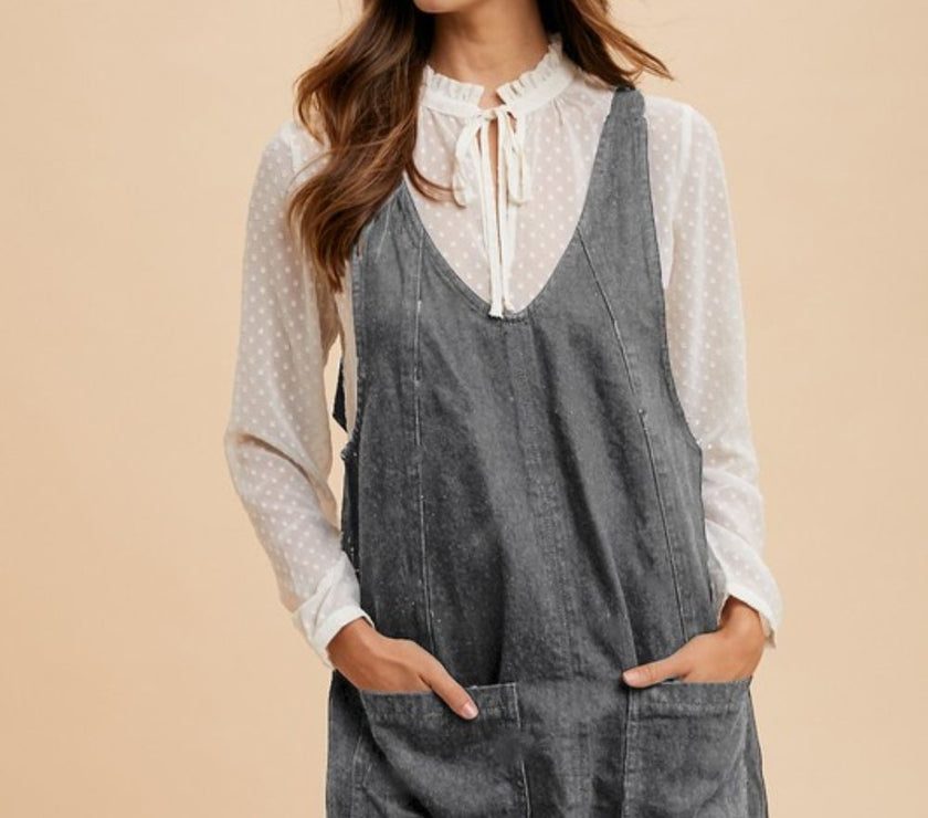 Annie Wear V-Neck Adjustable Strap Denim Overall Dress with Pockets