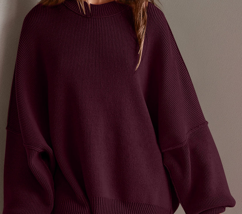 Double Take Side Slit Round Neck Long Sleeve Sweater