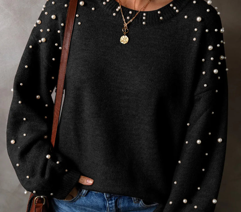 Pearl Detail Round Neck Long Sleeve Sweater