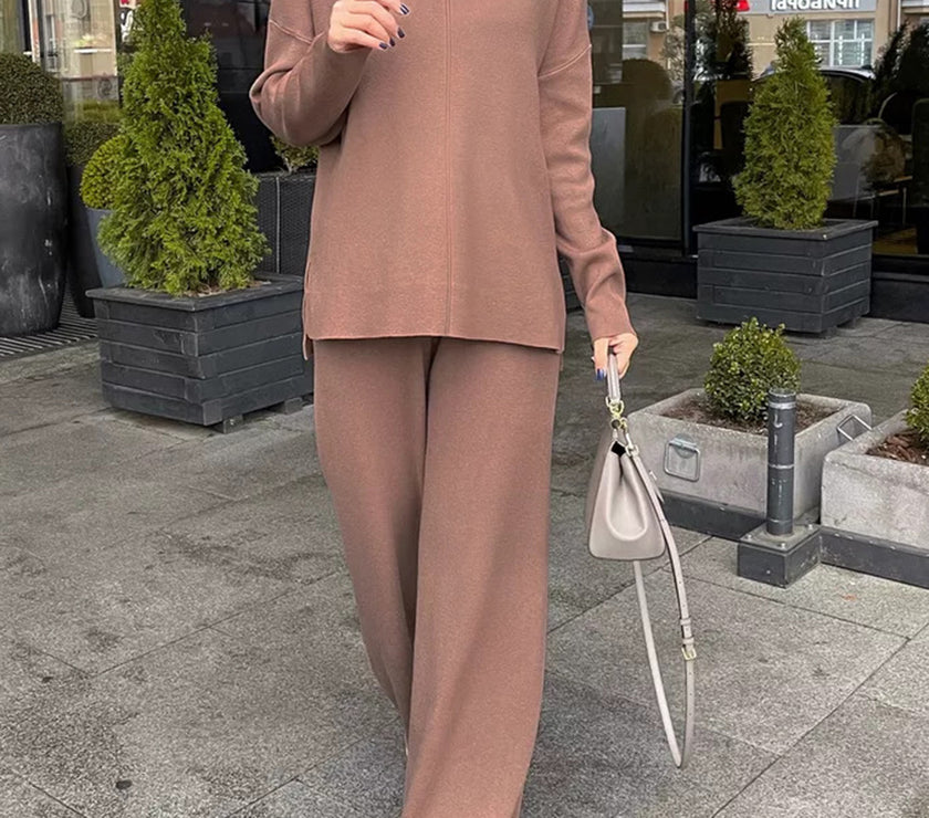 Slit Mock Neck Top and Pants Sweater Set